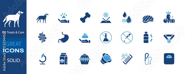 Fototapeta This solid-style icon set illustrates various aspects of pet treats and care, featuring dogs, leashes, hygiene practices, healthy food, supplements, and grooming items.