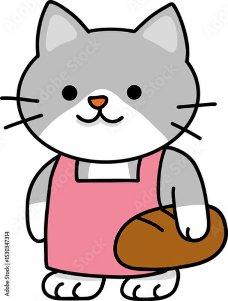 Obraz Hand drawn Cat and Career Doodle, Cartoon cat wearing an apron and holding a loaf of bread.
