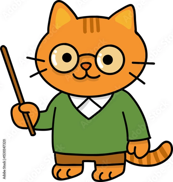 Obraz Hand drawn Cat and Career Doodle, Cartoon cat character wearing glasses and holding a pointer stick.