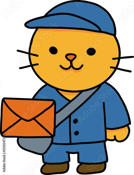 Obraz Hand drawn Cat and Career Doodle, Cute cat character dressed as a mail carrier holding an envelope.