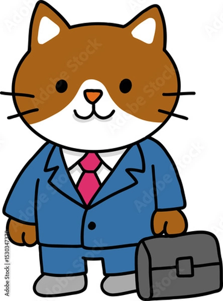 Obraz Hand drawn Cat and Career Doodle, Cartoon cat in a suit holding a briefcase.