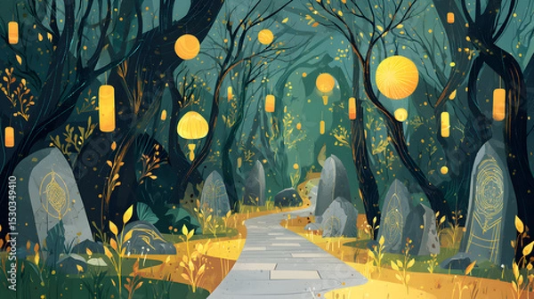 Obraz flat illustration of an elven path in the forest