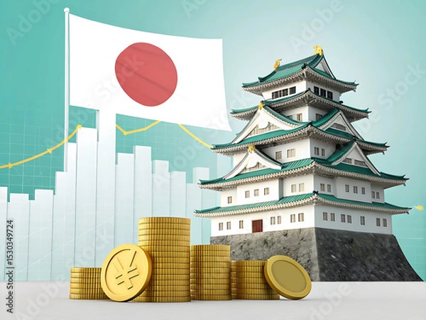 Obraz Japanese Castle with Flag and Market Graphics in 3D