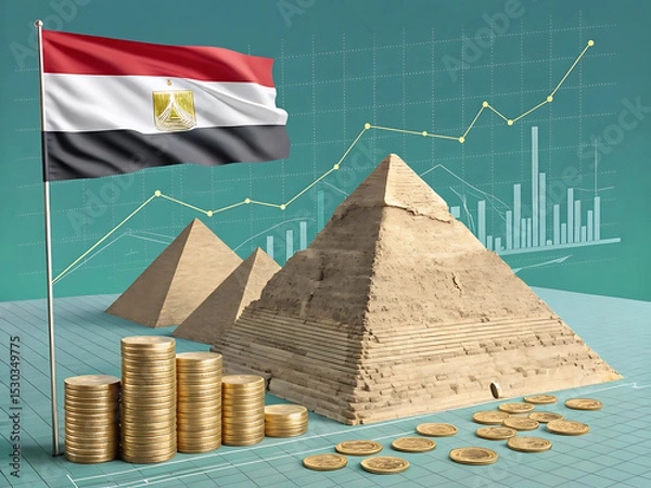 Obraz Great Pyramid of Giza with Egyptian Flag and Financial Market Graphics