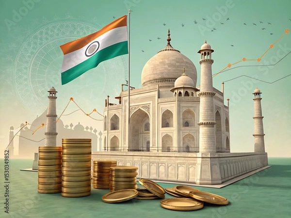 Obraz Taj Mahal with Indian Flag and Financial Market Graphics