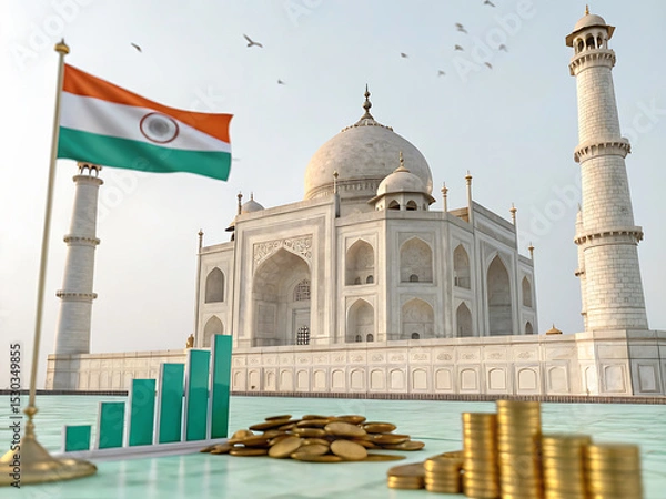 Obraz Taj Mahal with Indian Flag and Financial Market Graphics
