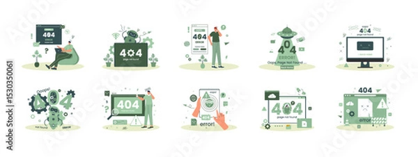 Fototapeta Error 404 page not found illustrations set. Flat vector illustrations.