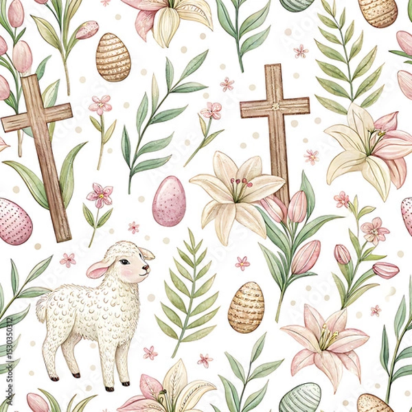 Obraz Christian Easter Seamless Doodle Pattern with Crosses and Lambs