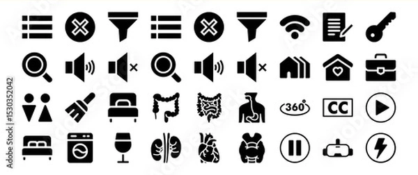 Fototapeta A diverse collection of glyph icons encompassing various categories such as user interface elements, multimedia controls, medical symbols, home and building representations, and more.