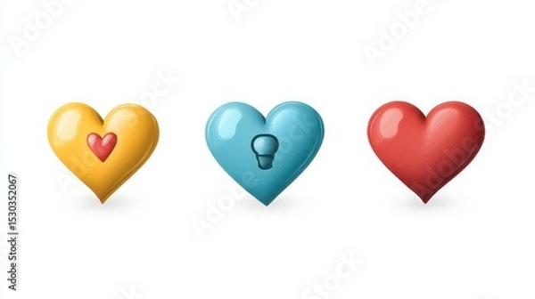 Fototapeta Three colorful stylized hearts in a row on a white background love concept