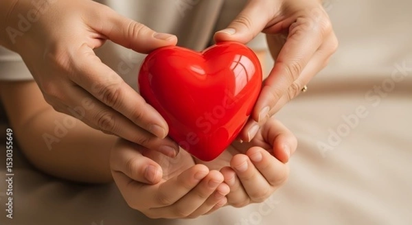 Obraz Loving Hands Protecting a Red Heart Symbol of Care, Compassion, and Love