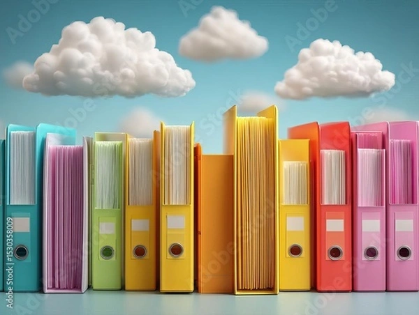 Fototapeta Colorful binders organized neatly on a desk under soft clouds.