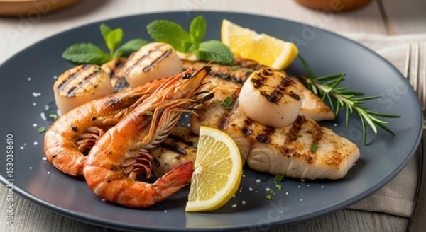Fototapeta Grilled seafood platter with lemon and herbs: shrimp, scallops, fish