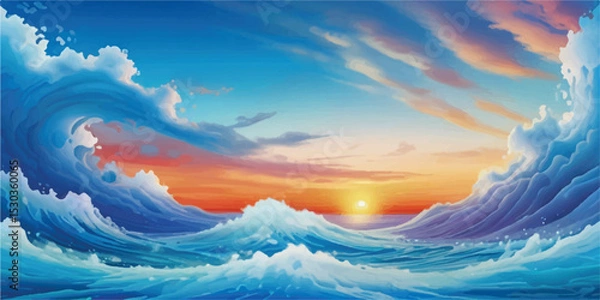 Fototapeta Digital Background in Ocean Blue and Sky Tint Watercolors with Lightness and Flowing Artistic Forms. Blended Blue Water and Sky Painting in Transparent Watercolor Style for Elegant Layouts"