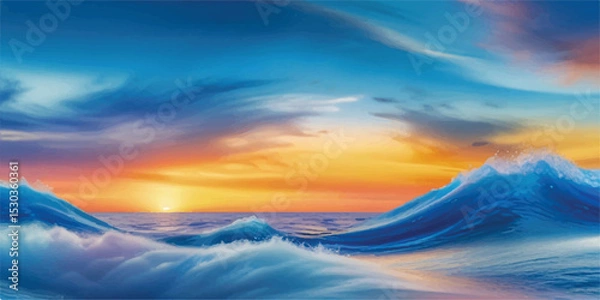 Fototapeta Blue Watercolor Scenery Depicting Horizon Where Sea Touches the Sky with Faded Gradient Textures. Digital Background in Ocean Blue and Sky Tint Watercolors with Lightness and Flowing Artistic Forms