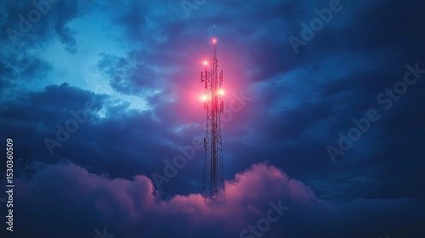 Fototapeta A glowing 6G tower transmitting ultra-fast internet signals