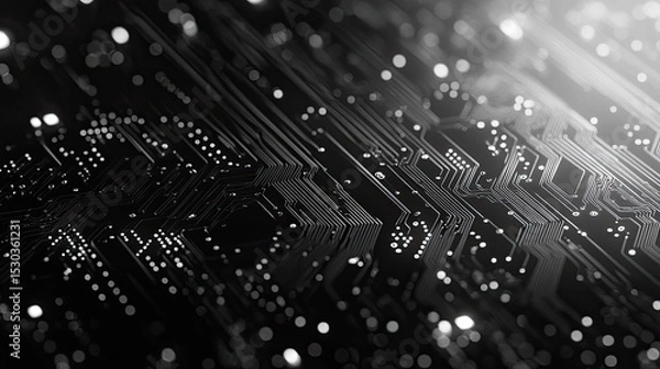Fototapeta Close-up of a black and white circuit board with glowing points