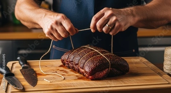 Fototapeta Male preparing seasoned beef roast with string on cutting board in kitchen