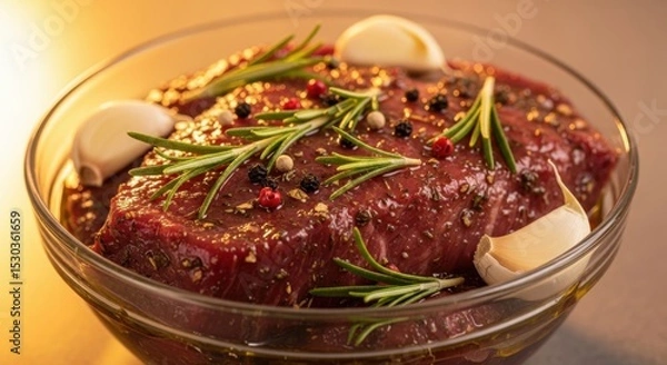 Fototapeta Marinated beef steak in glass bowl with garlic, rosemary, and peppercorns on wooden table