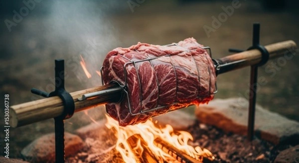 Fototapeta Juicy roast beef on spit over open flame in outdoor setting