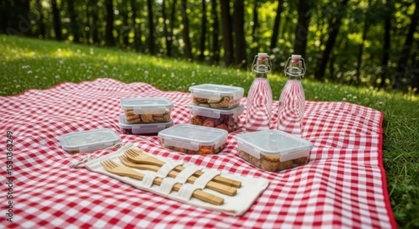 Fototapeta Outdoor picnic setup with red checkered blanket and packed food containers on grass