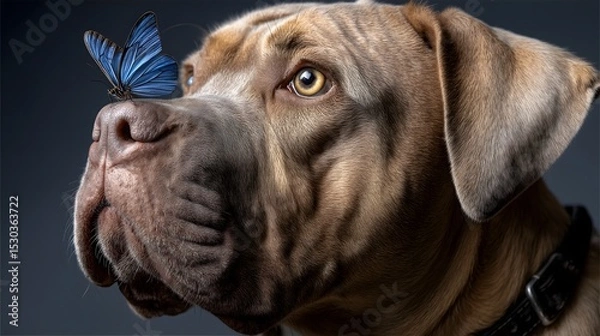 Obraz Dog contemplating butterfly, large brown dog gazing upward with a butterfly perched on its nose, serene atmosphere, playful interaction.