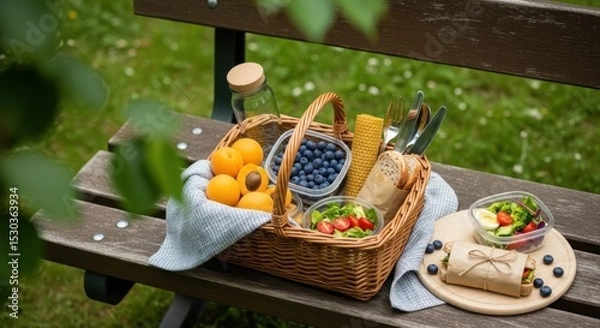 Fototapeta Picnic basket on bench with fresh fruits and salad in garden