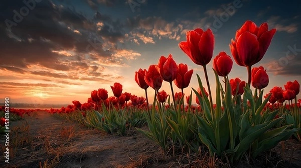 Obraz Vibrant tulip field at sunset, lush red blossoms under a dramatic sky, perfect for nature-themed projects or backgrounds.