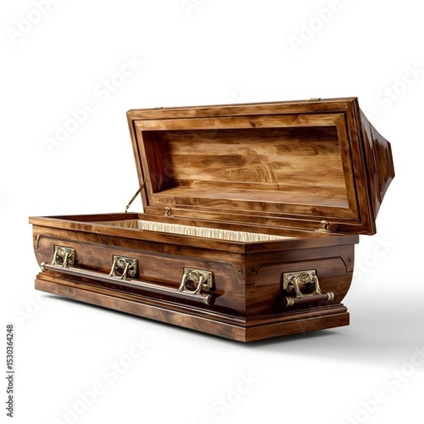 Obraz Wooden coffin, elegant craftsmanship and deep finish, symbolizing peace and rest, suitable for memorial settings.