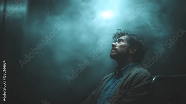 Obraz Person in dark environment with blue haze, contemplative expression, emotional depth, perfect for artistic projects or themes of introspection.