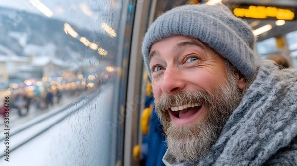 Obraz Happy traveler smiling on a train, middle-aged man with a beard wearing a beanie and scarf, scenic view outside the window.