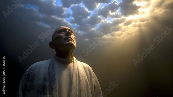 Obraz Contemplative man in dramatic lighting, wearing a light garment, deep in thought under a cloudy sky, perfect for introspective themes.