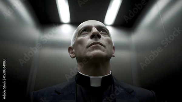 Obraz Pensive individual in dimly lit space, focused and contemplative man reflecting solitude and inner thoughts in an elevator.