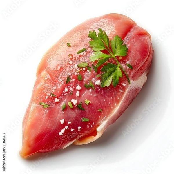 Obraz Fresh meat slice garnished with herbs, uncooked premium quality steak showcasing vibrant colors, perfect for culinary presentations.