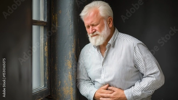 Obraz Elderly man with white beard, casually dressed in light sweater, reflecting pensively near window, warm natural light, introspection.