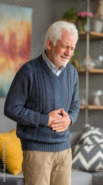 Obraz Senior man smiling and laughing, elderly gentleman in cozy sweater enjoying joyful moments in a bright, inviting living room.