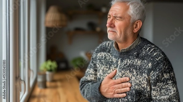 Obraz Mindful elder in cozy sweater reflecting by window, elderly man surrounded by warm decor and plants, inviting atmosphere for contemplation.