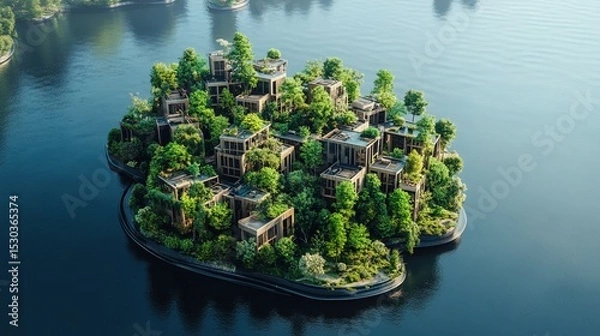 Fototapeta Conceptual Minimalist Island Architecture with Lush Greenery and Tranquil Water