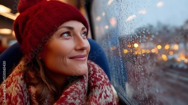 Obraz Young woman wearing a red beanie, gazing out the window of a train, cozy atmosphere, reflective mood, ideal for travel themes.