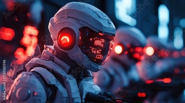 Fototapeta Futuristic Realistic Cyberpunk Soldier with Helmet in a Dystopian Cityscape Illustration