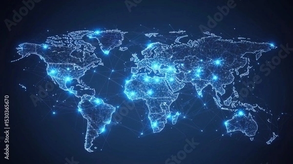 Fototapeta Glowing Network Connection World Map with City Light and Connection Lines