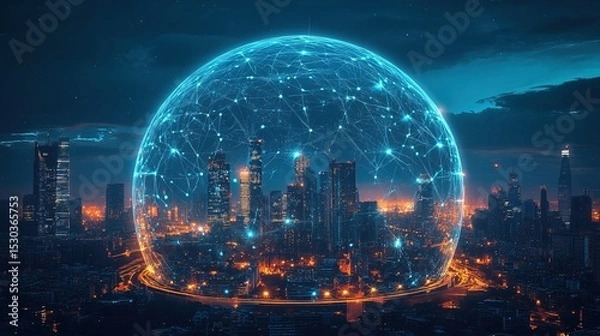 Fototapeta Futuristic Glowing Globe Over Cityscape at Night, Network Connection Concept