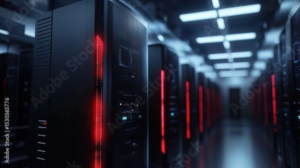 Fototapeta Modern Data Center Server Room with Rows of Black Servers