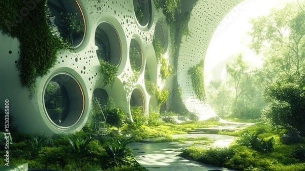 Fototapeta Futuristic Eco Design Architectural Exterior with Greenery and Circular Windows