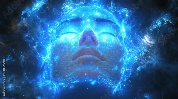 Fototapeta Ethereal Digital Glowing Human Face with Energy Fields Art Illustration