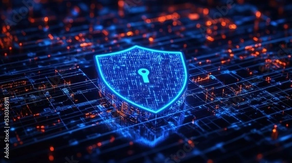 Fototapeta Futuristic Abstract Glowing Shield with Keyhole on Digital Circuit Board
