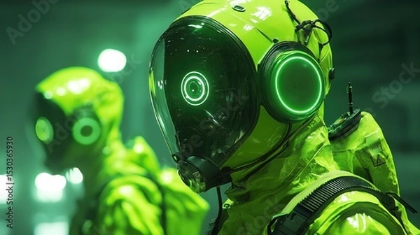 Fototapeta Futuristic Detailed Hazmat Suit With Neon Accents and Advanced Technology