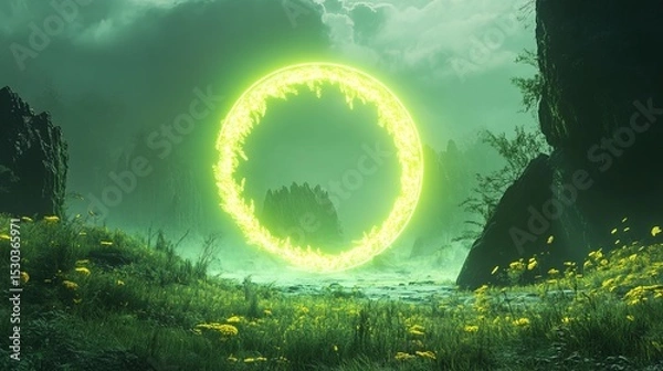 Fototapeta Mystical Green Landscape with Glowing Ring Portal Generative AI Scenery
