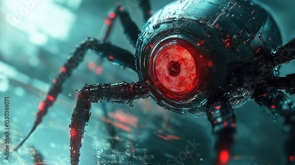 Fototapeta Detailed Futuristic Robotic Spider Creature with Glowing Red Eye Concept