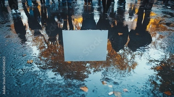 Fototapeta Reflective Autumnal Urban Scene Featuring Puddle and Blank Sign with Crowd